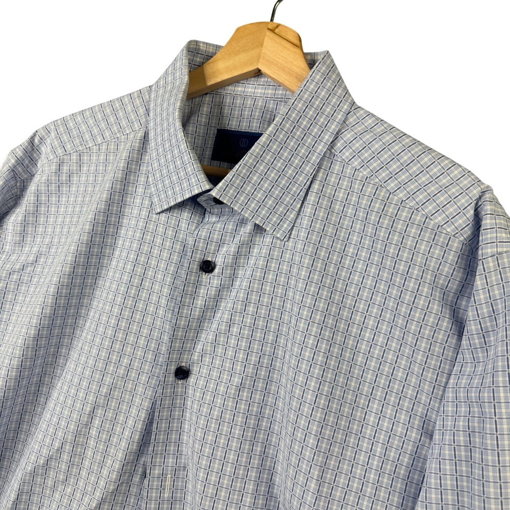 David‎ Donahue Mens Trim Fit Dress Shirt 18 36/37 Blue White Plaid 100% Cotton